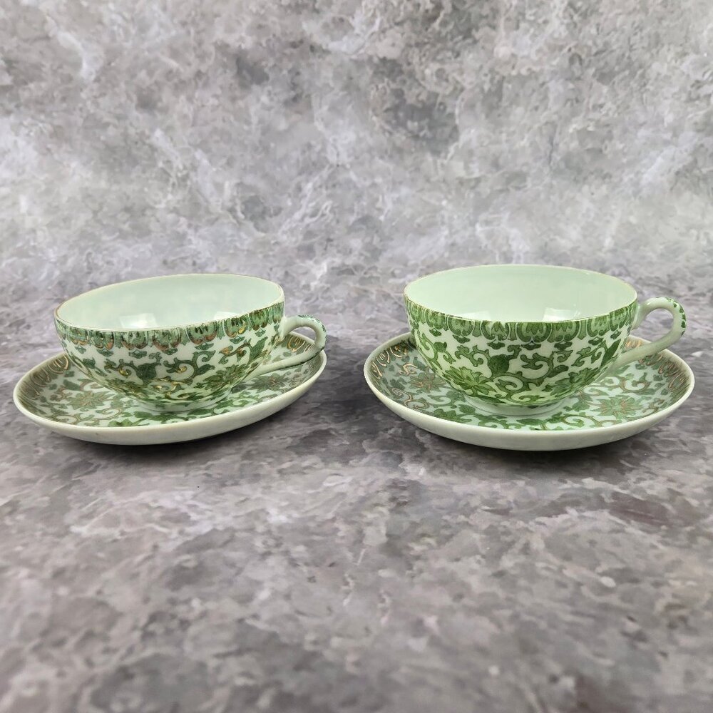 Vintage Nakajima Set of 2 Cups & Saucers Porcelain Green & Gold Pattern Asian